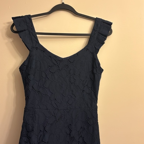 NWOT Gorgeous Navy Blue Lace Fit and Flare Dress with V-Neck and Flutter Sleeves - Picture 12 of 14